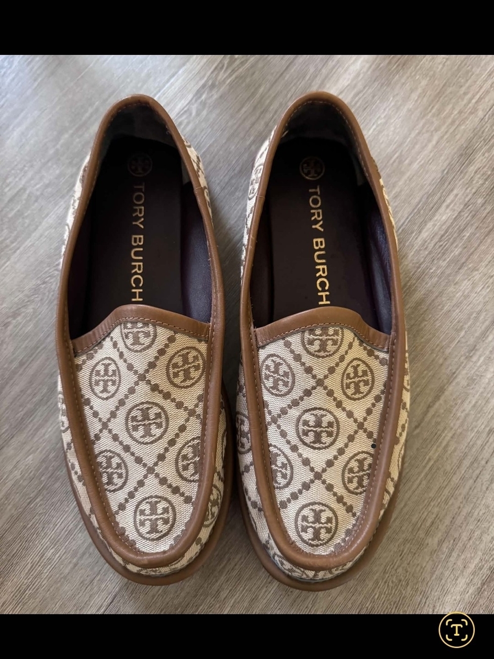 Tory Burch Beige and Brown Logo Canvas Slip-Ons/Loafer